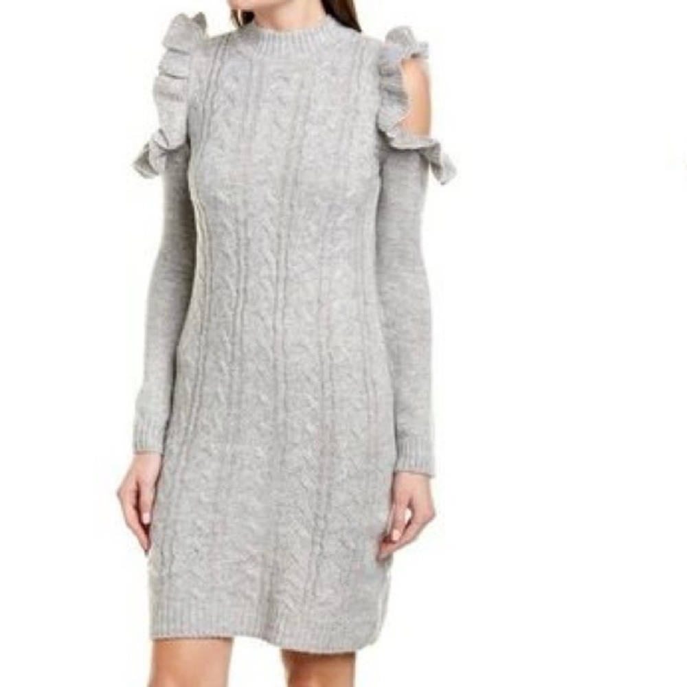 WAYF Gray Cable Knit Long Sleeve Ruffle Cold Shoulder Sweater Dress XS NEW